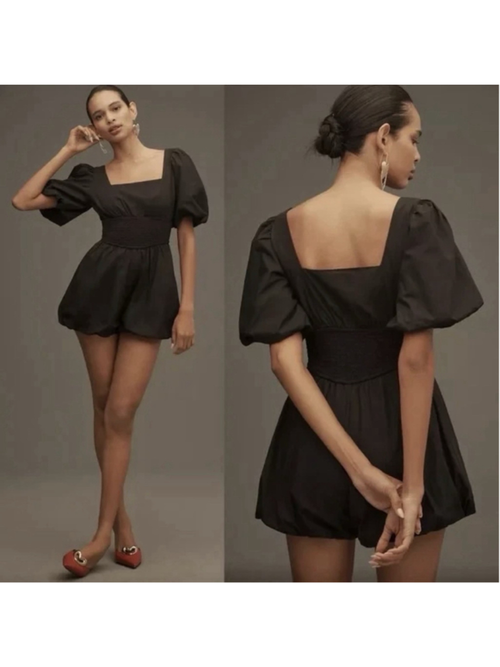 Anthropologie Meave Puff Sleeve Smocked Bubble Romper Black Small EUC